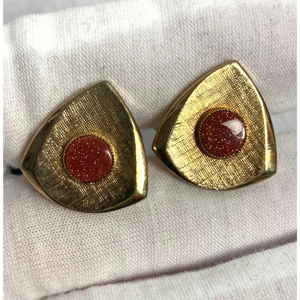 Vintage MCM Gold Tone Triangle Cufflinks Goldstone Sparkly Orange Stone